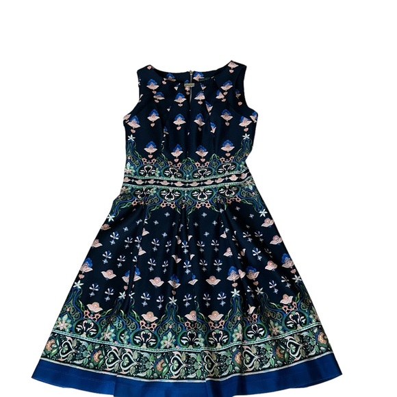 Gabby Skye Women's Patterned Dress Pleated A line sleeveless navy jewel tones 4 - Picture 8 of 11